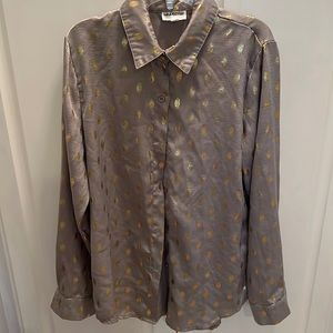 LALA Factory Silky Gray Button Front Blouse Metallic Gold Dots Size Small